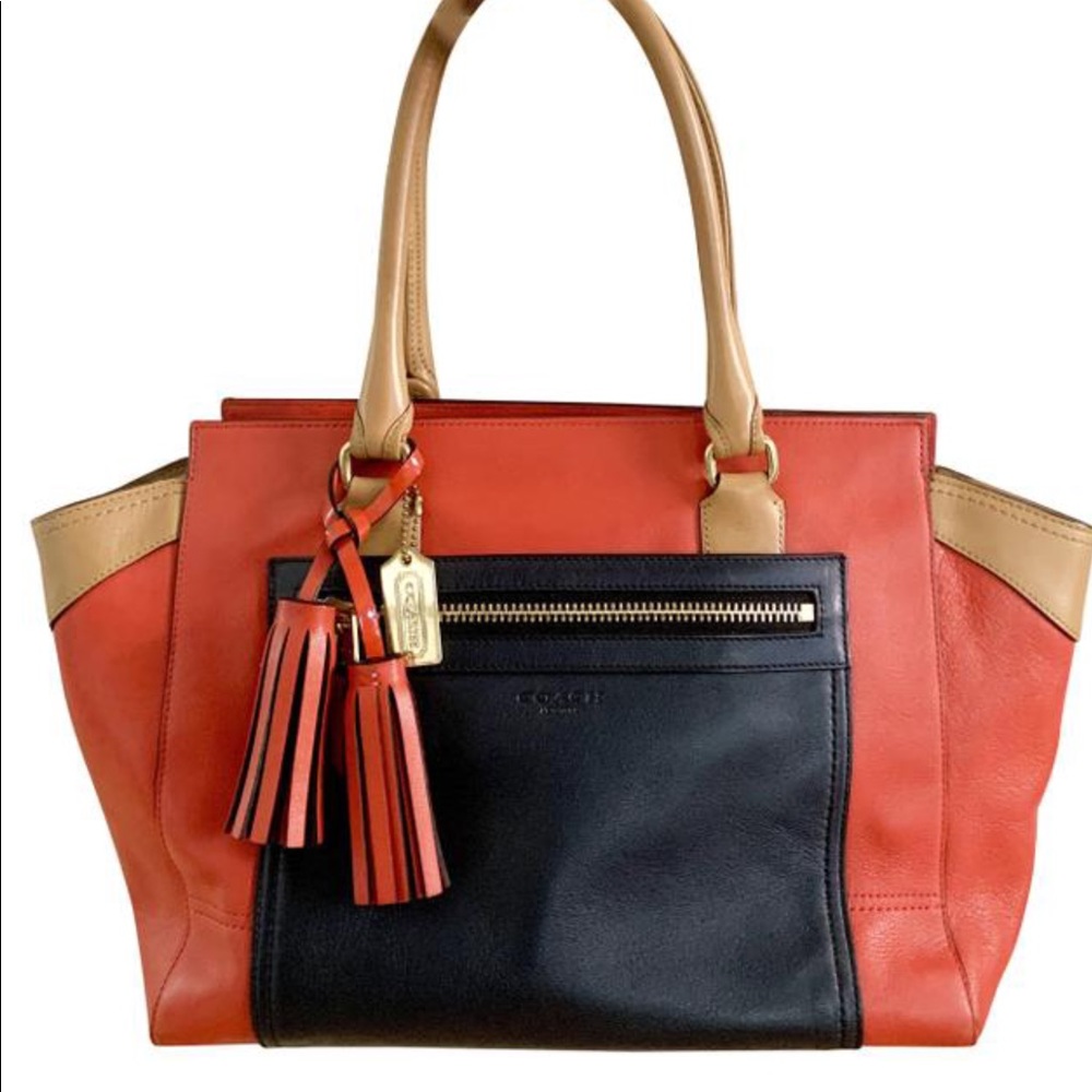 Coach  Leather Legacy Colorblock Navy/ Red/Tan with double Tassels. Brand new.